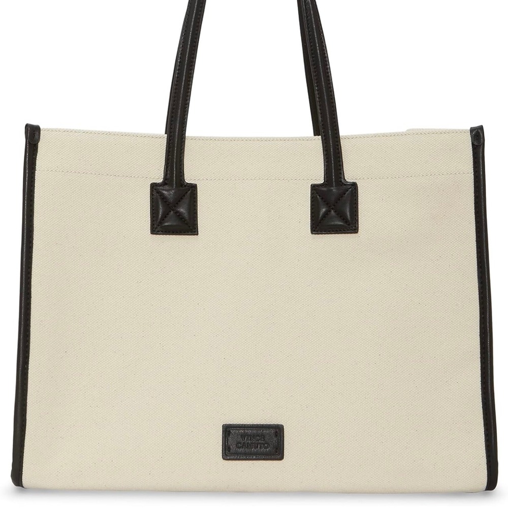 Vince Camuto Orla Bag Natural Black Canvas‎ Leather Trim NWT